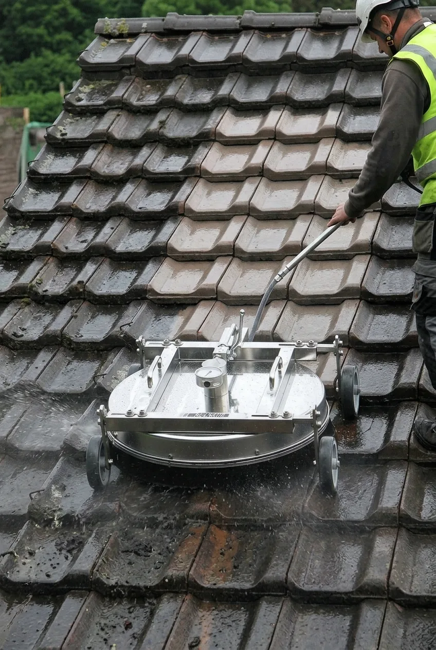 Roof soft washing in progress
